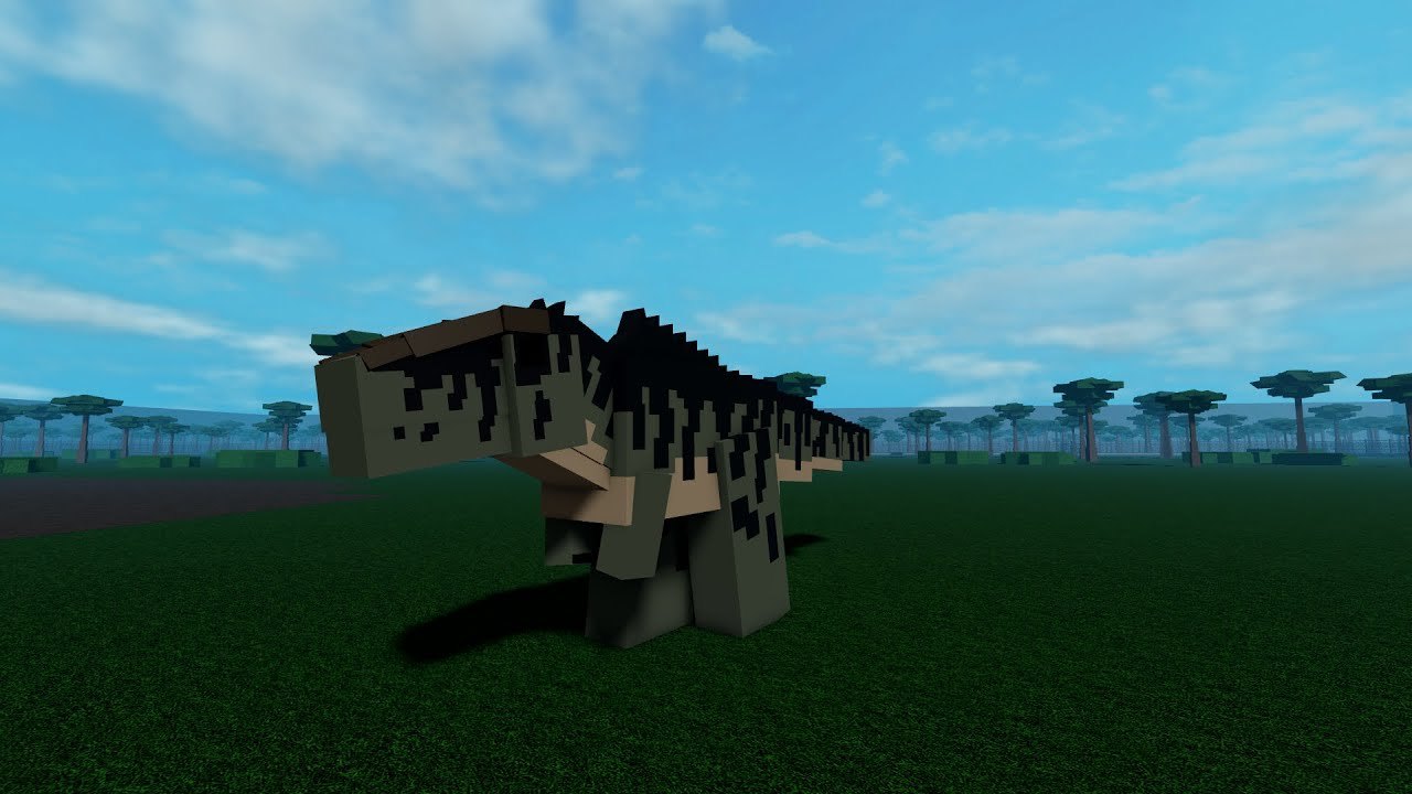 Giganotosaurus pixelisé debout sur l'île herbeuse de Jurassic Pixel