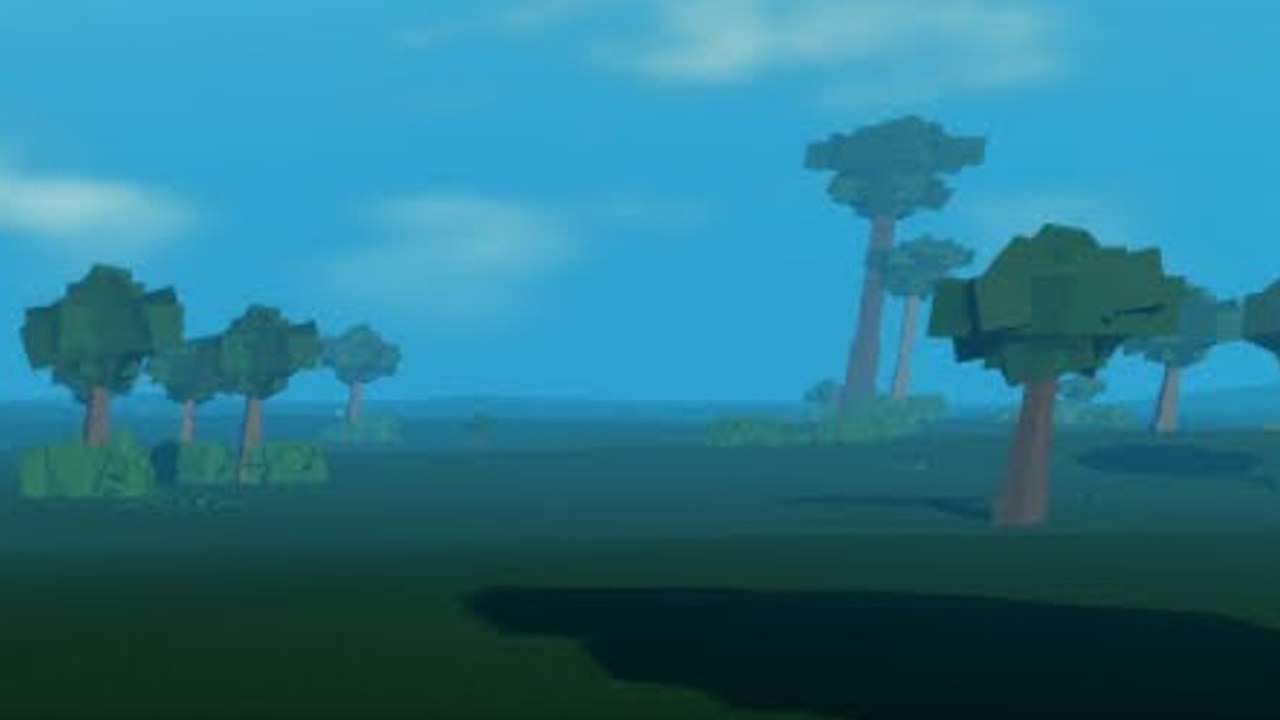 Paysage pixel de Jurassic Pixel avec herbe, lac et arbres sur la carte